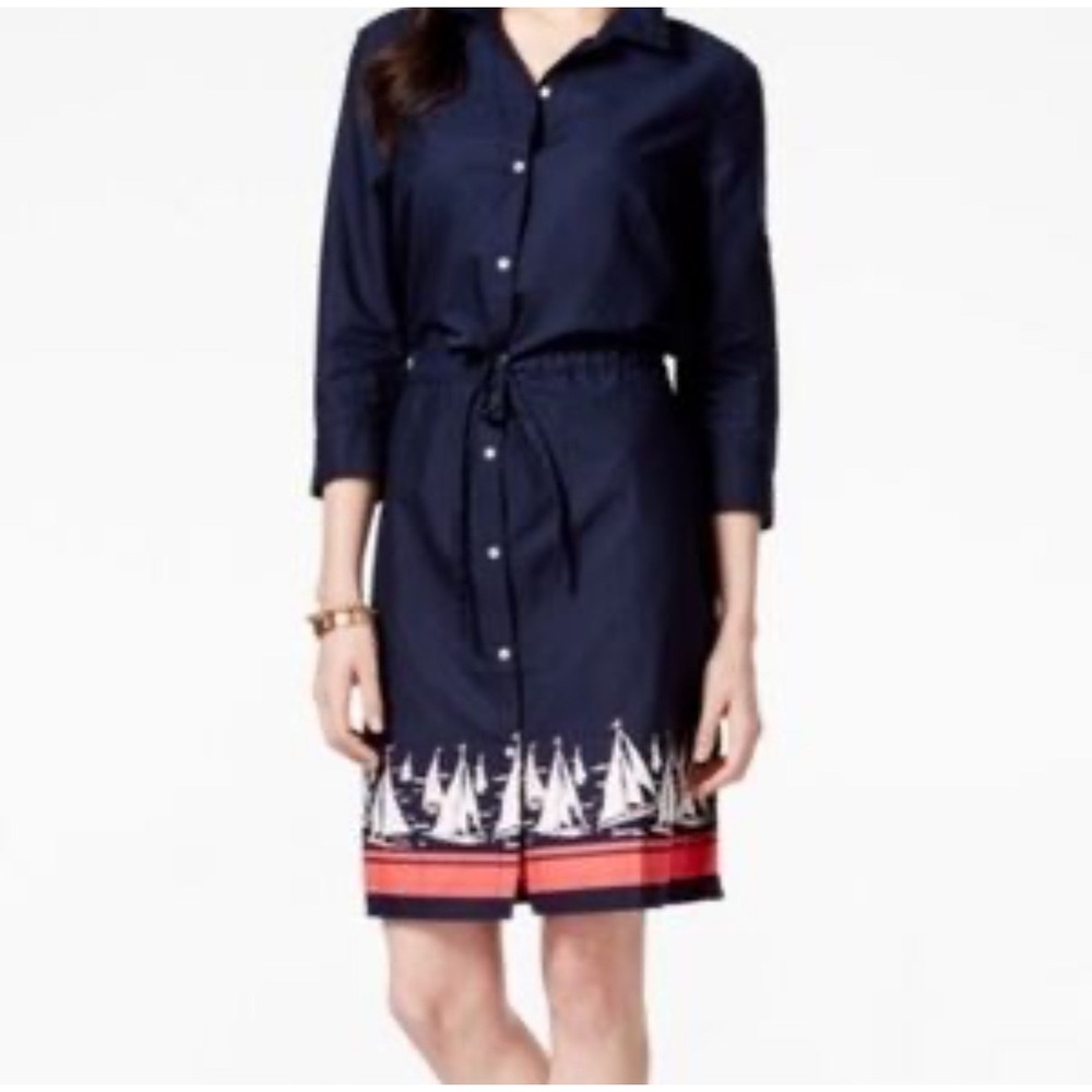 Tommy Hilfiger Navy Sailboat Print Midi Dress with Red Trim